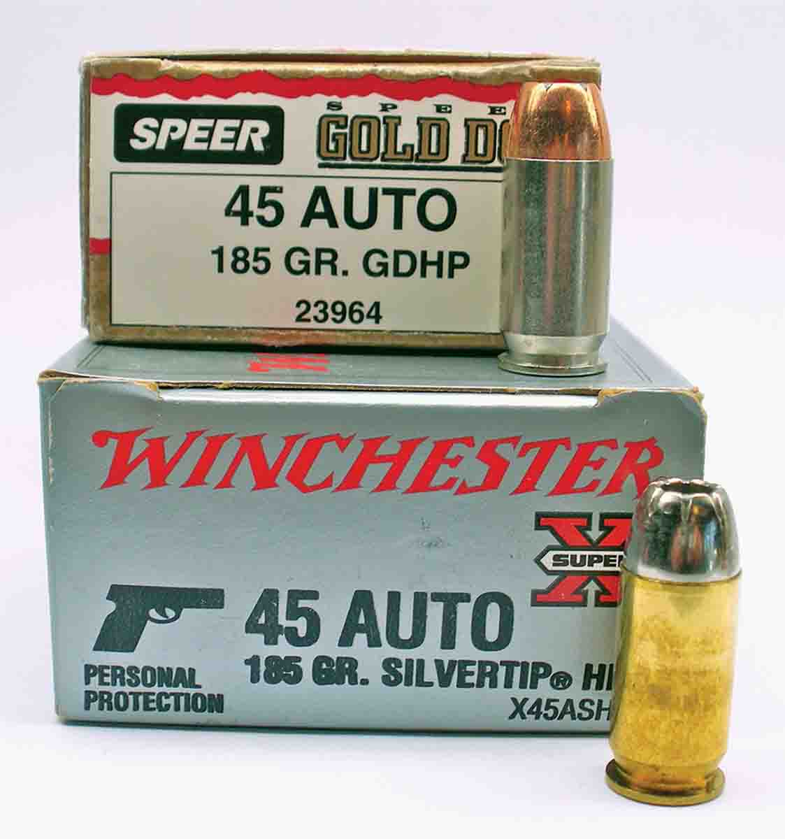 Speer Gold Dot and Winchester Silvertip 185-grain factory loads are quite similar.